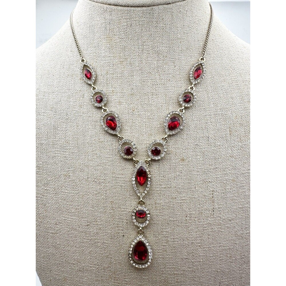 GIVENCHY Gold  tone glass pave Red Crystal Necklace teardrop Y Drop 18”